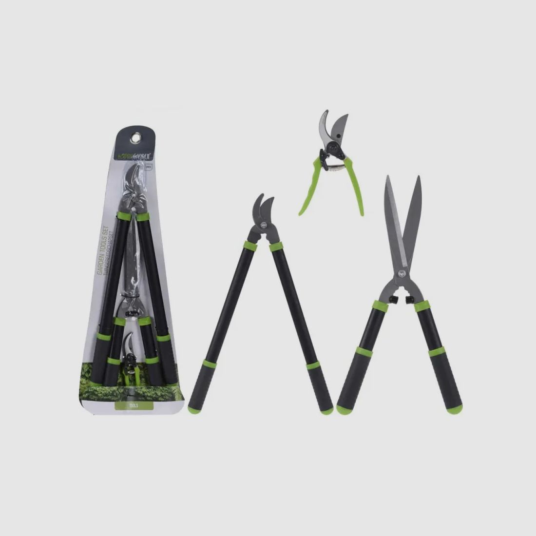 Zestaw 3 narzędzi ogrodowych: nożyce aluminiowe 20cm + nożyce do żywopłotu 52cm + sekator, zdjęcie 1 z 3