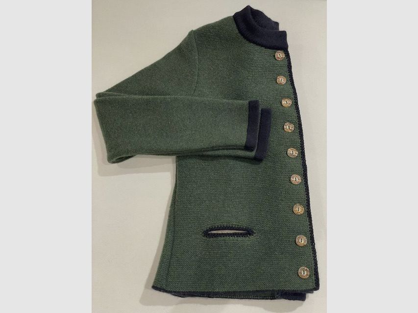 Cardigan da donna con piega in lana merino verde loden con fiori, immagine 2 di 2