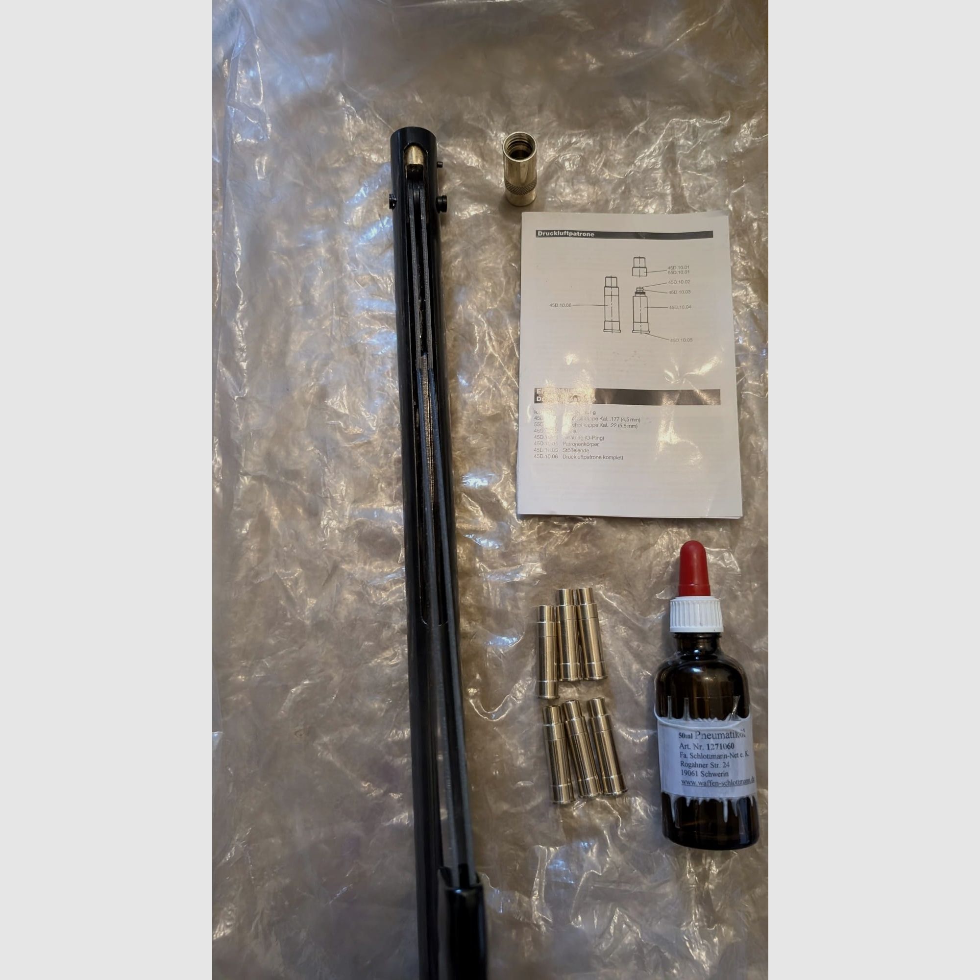 Cartucce a gas per revolver LEP cal. 5,5 mm / .22  6 pezzi + pompa a mano + olio pneumatico SET ad es. per ME Bull Barrel Single Action Army Revolver
