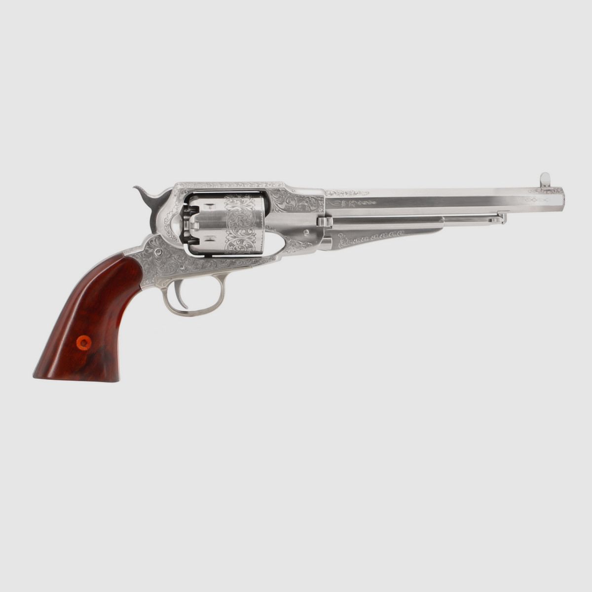 REV UBER 1858 NEW ARMY INOX .44 8" POUDRE NOIRE GRAVE MAIN, image 1 sur 2