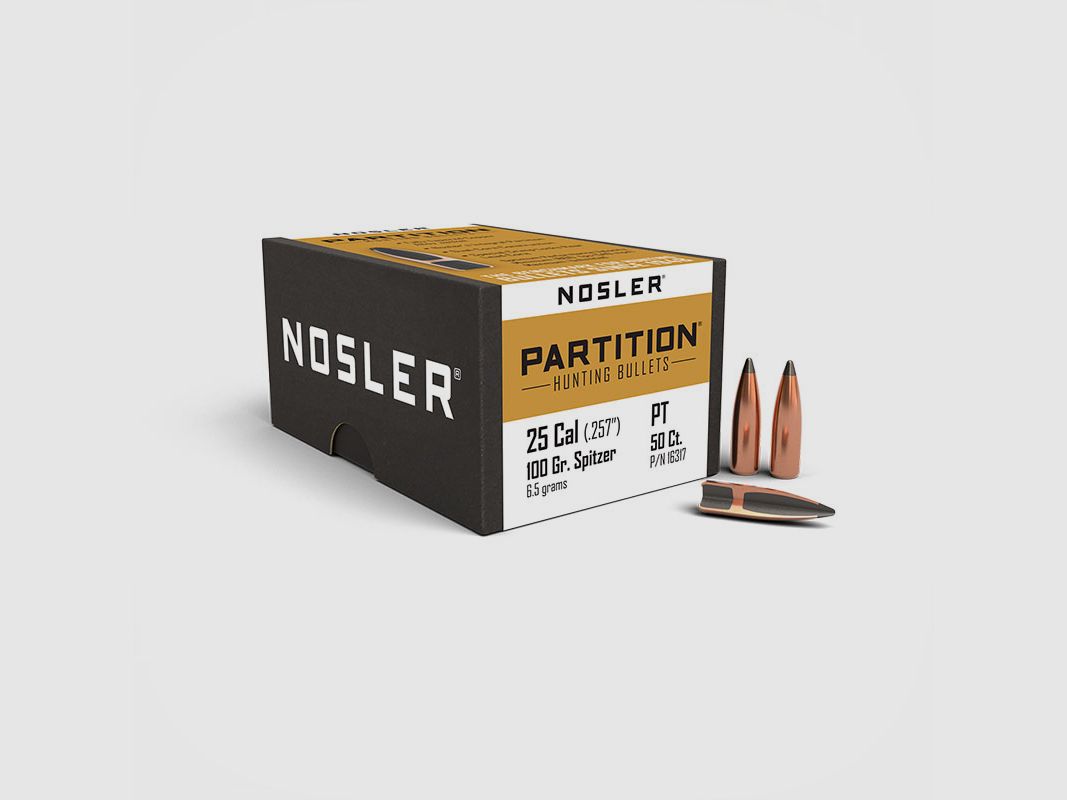 NOSLER – PARTITION HUNTING BULLETS | 25 Kaliber (.257″) Spitzer | 100 Grain (6,5 Gramm) | 50 Stück
