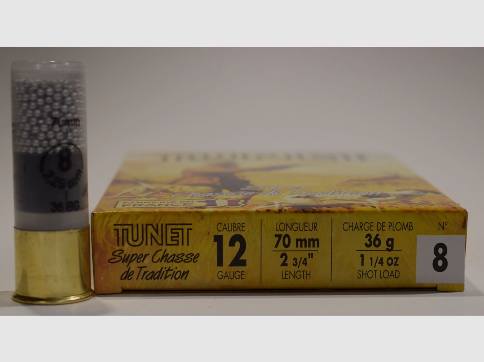Box mit 10 Patronen Kaliber 12/70 Tunet Super Tradition plb 8