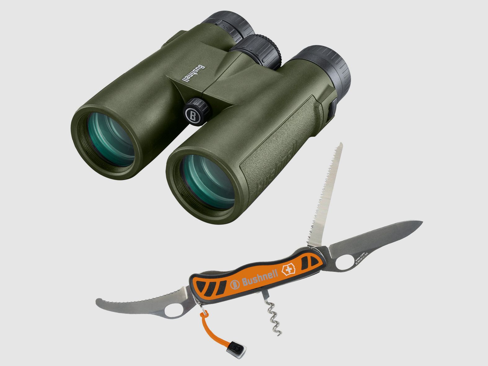 Binocolo Bushnell 10x42 con coltello svizzero Victorinox in set