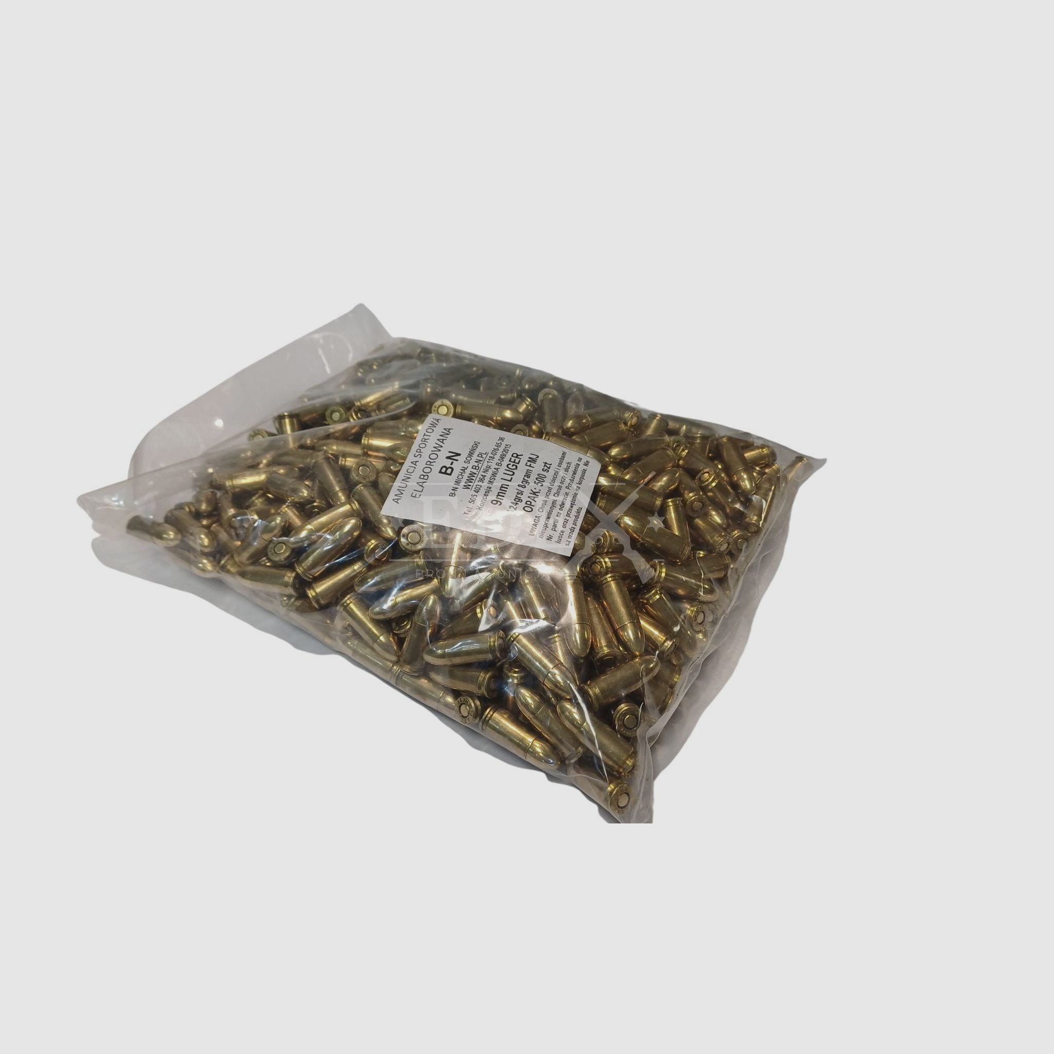 Munitions rechargées 9mm Luger FMJ 124grs/8g wt B-N (boîte de 500 pièces)