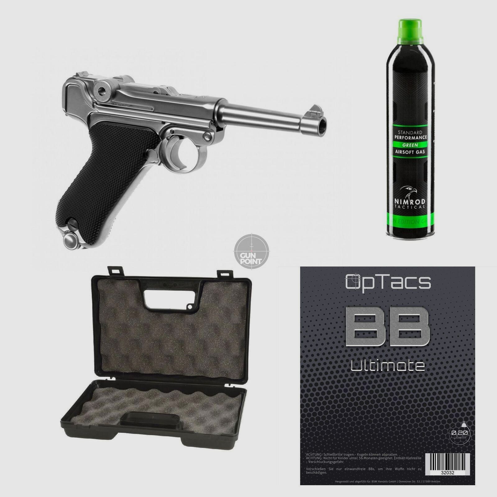 SET !!! Softair - Pistole - WE - P08 Full Metal GBB silver - ab 18, ber 0,5 Joule