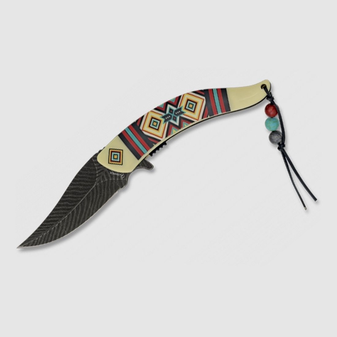 decorated pocket knife with Indian feather design and bead strap