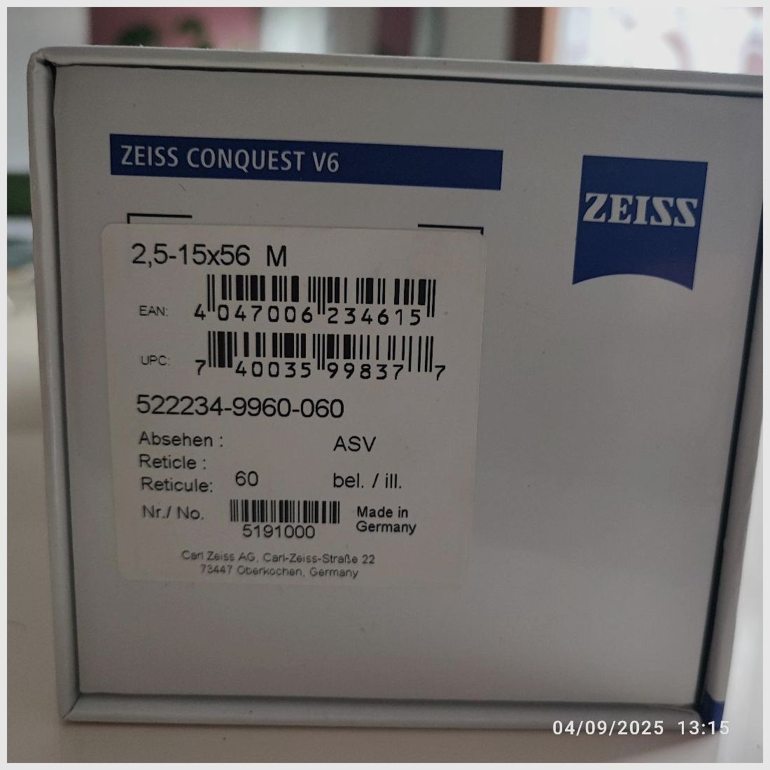ZEISS - Luneta CONQUEST V6 2.5-15X56 RET. 60 Z TOURELKĄ BALISTYCZNĄ ASV-- PODŚWIETLANA