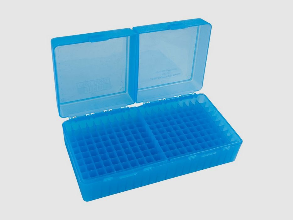 Boîte à cartouches MTM RS-200-24 bleue claire avec couvercle rabattable pour 200 cartouches .223 et autres.