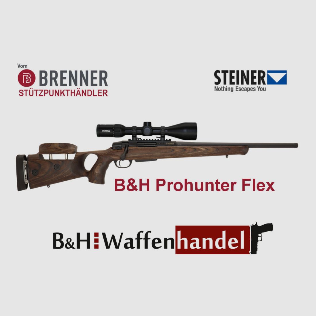 Brenner Komplettpaket: BR20 B&H Prohunter Flex Lochschaft mit doppelter Verstellung inkl. Steiner 3-12x56 fertig montiert Jagdbüchse