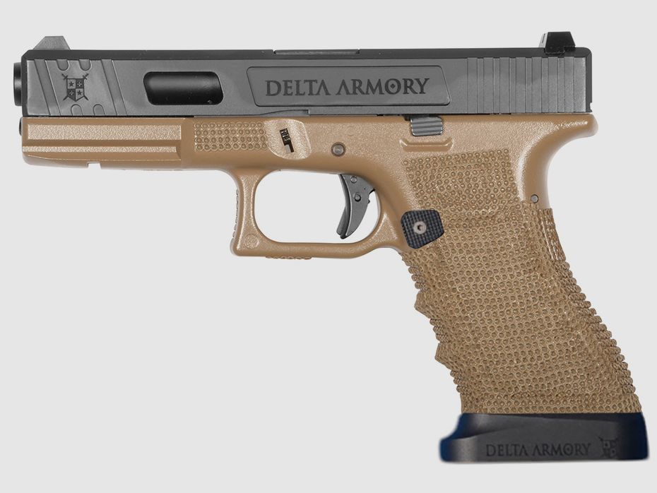 P02 GBB Airsoft Pistole mit Grip Stippling in Tan | Delta Armory