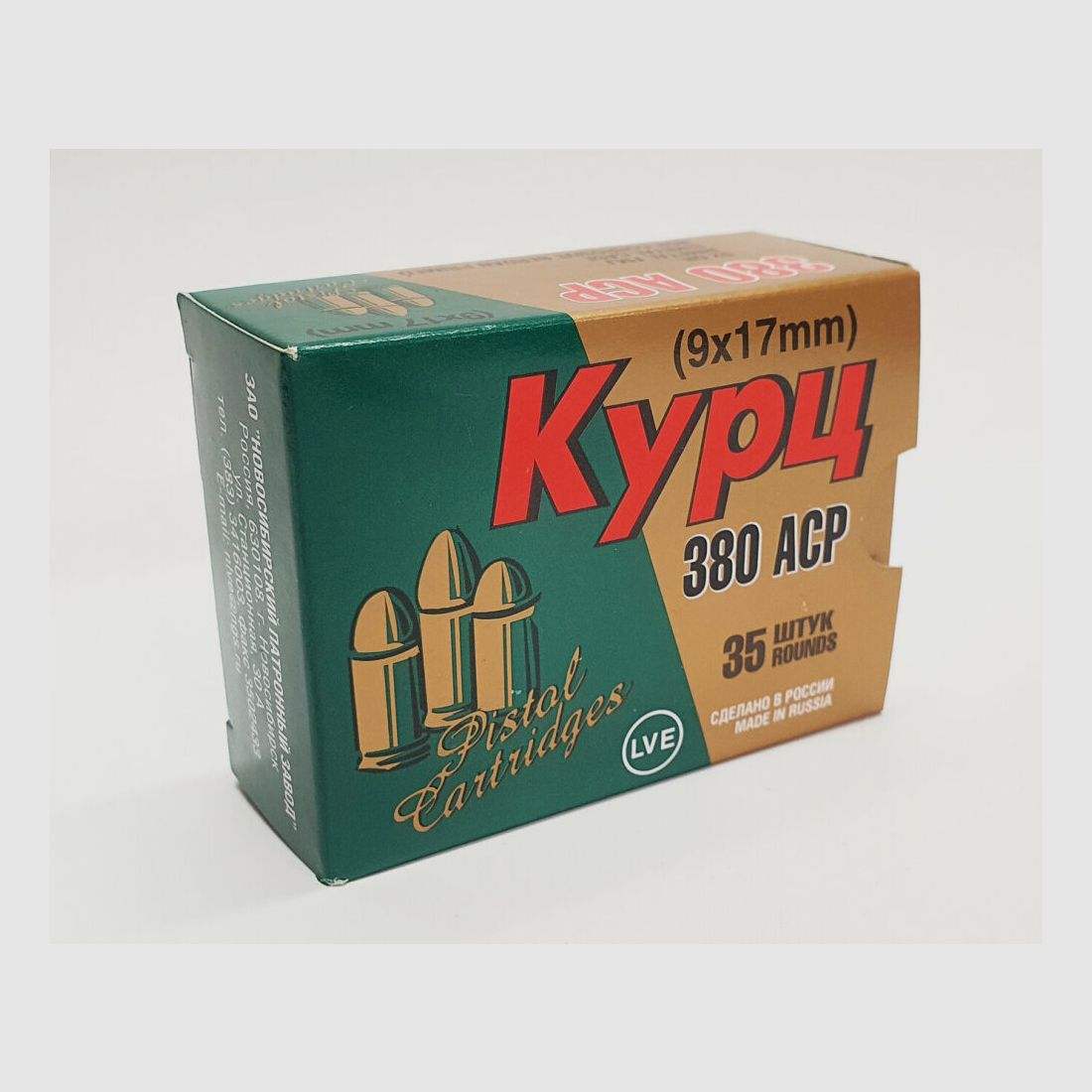 JSC "NOWOSYBIRSKA FABRYKA NABOJÓW" i LVE "FIRMA SPRZĘTU NISKONAPIĘCIOWEGO" Munition JSC 380 BROWING COURT / 9mm krótkie FMJ 92grs niekorozyjne 35 sztuk nabojów w kartonie