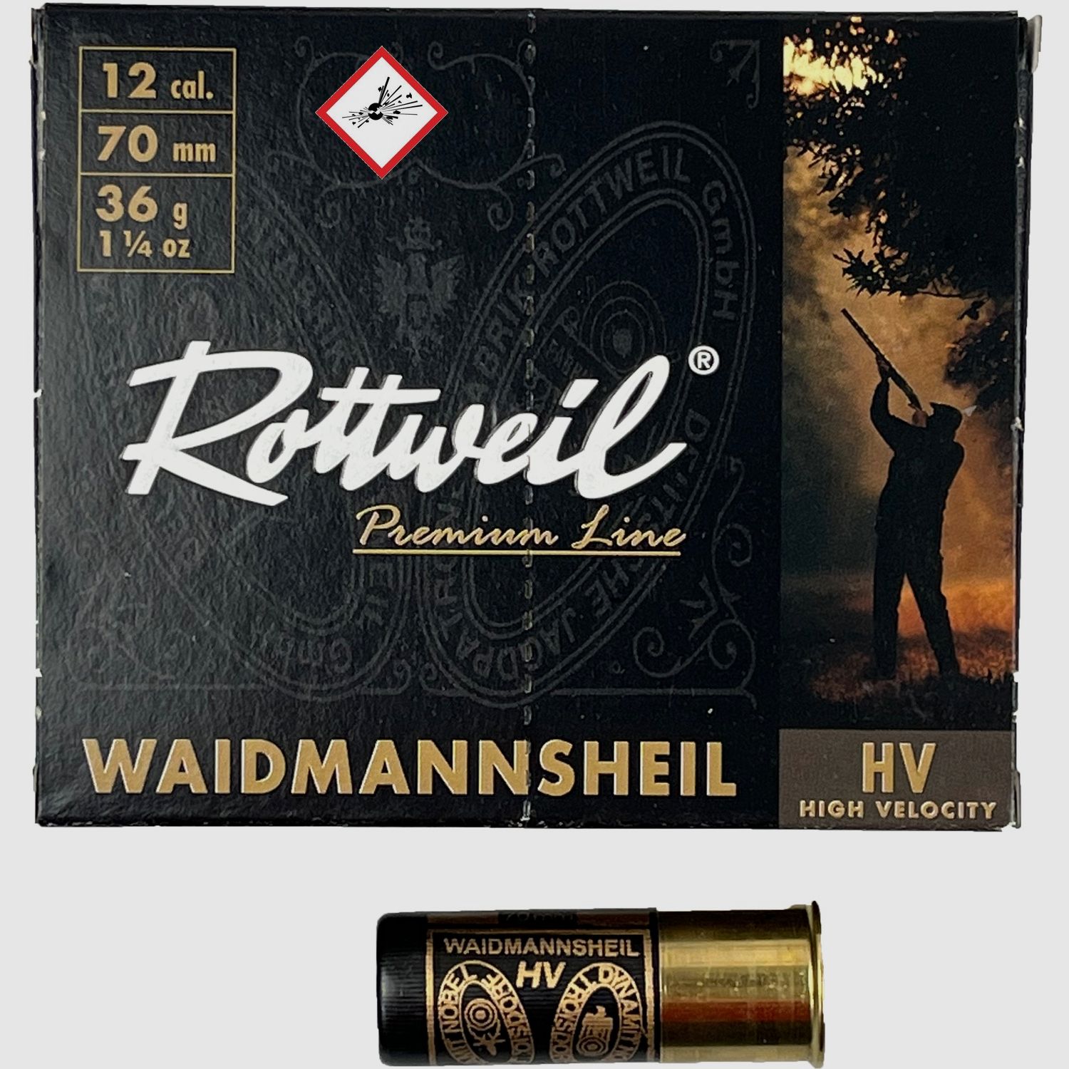 Rottweil shotgun cartridge Waidmannsheil HV cal. 12/70 36G 3.0mm