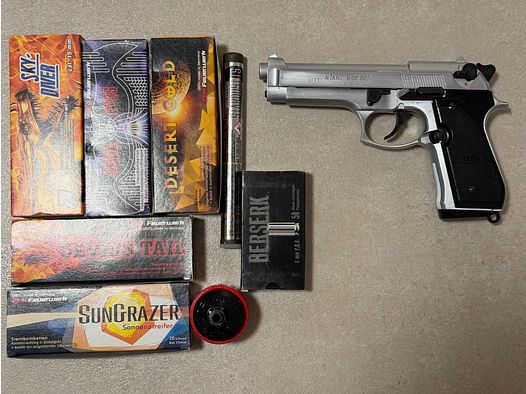 Pistolet gazowy Schreckschuss Reck Miami 92F Steel Finish 9mm z kompletnym zestawem