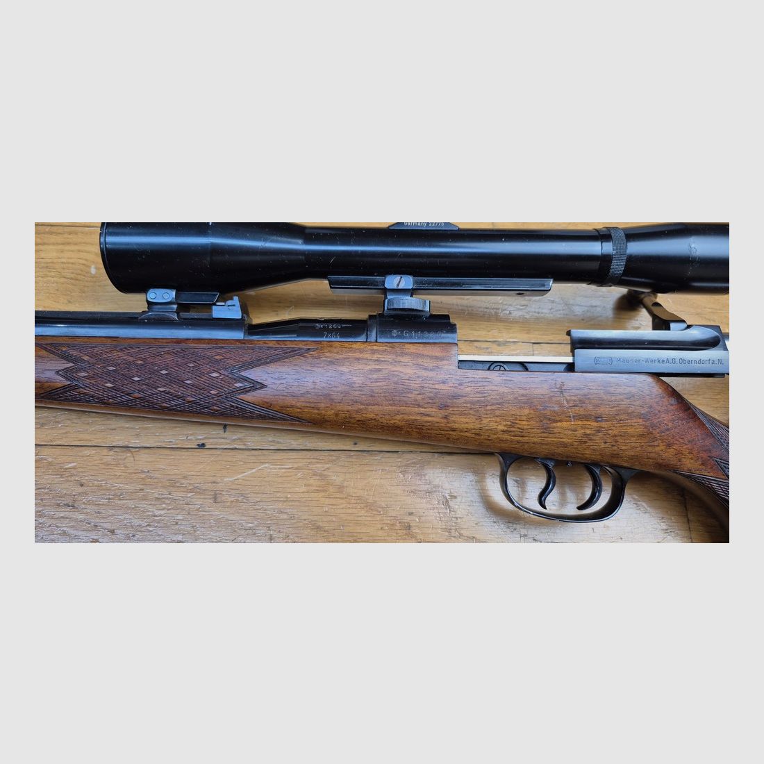 Wspaniała karabina myśliwska Mauser 66 S – Kaliber 7×64 – Wysokiej jakości orzech z żyłkami – Wstawki z hebanu i kości – Ręczne ryflowanie – Niemiecki Stetcher (dwa spusty) – Luneta AKAH 6 x 42 / 46 z stalową obudową w siatce nr 1 – TBE / TBE+, zdjęcie 29 z 37