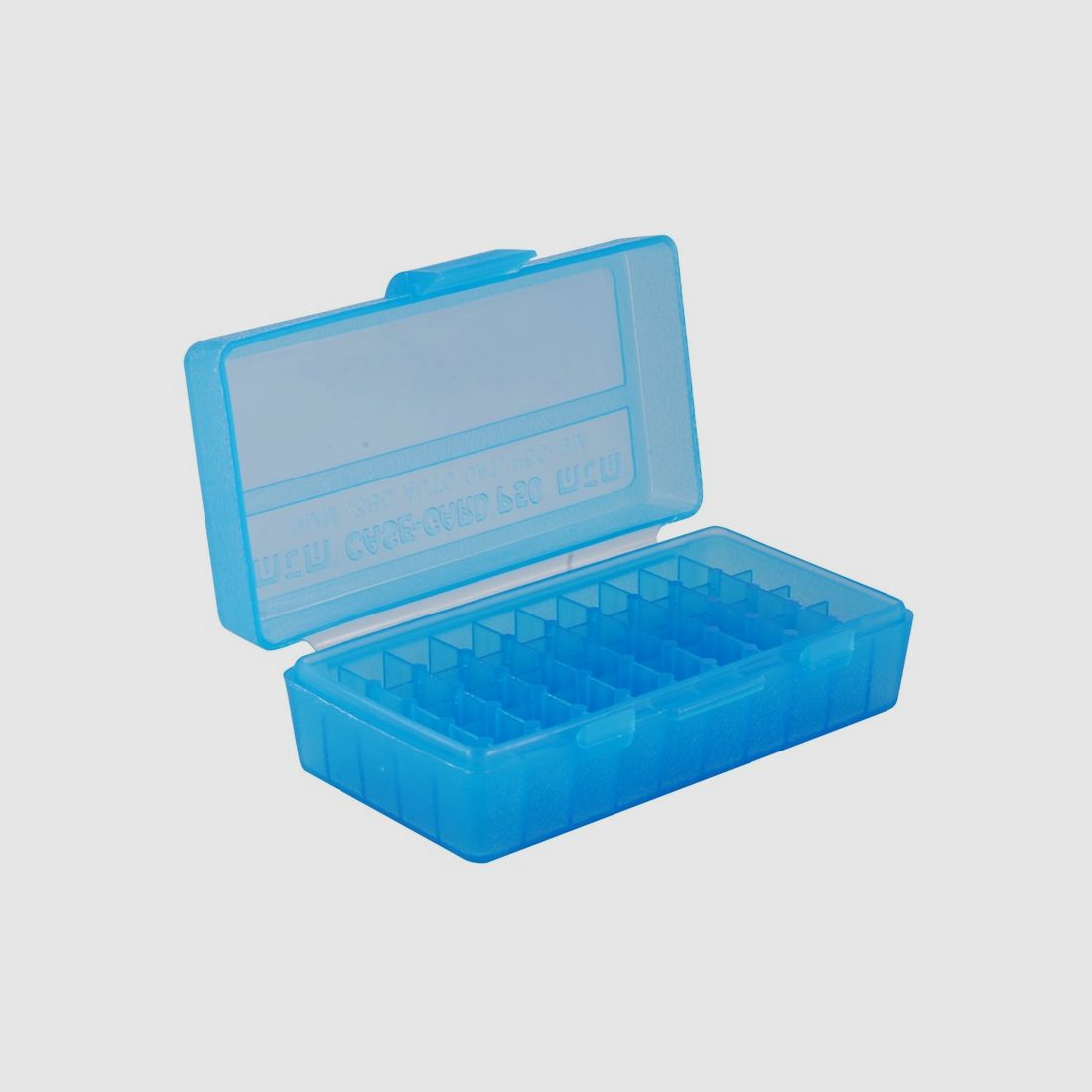 MTM Patronenbox P50-9M-24 blau klar mit Klappdeckel f. 50 Patronen 9mm u.w.