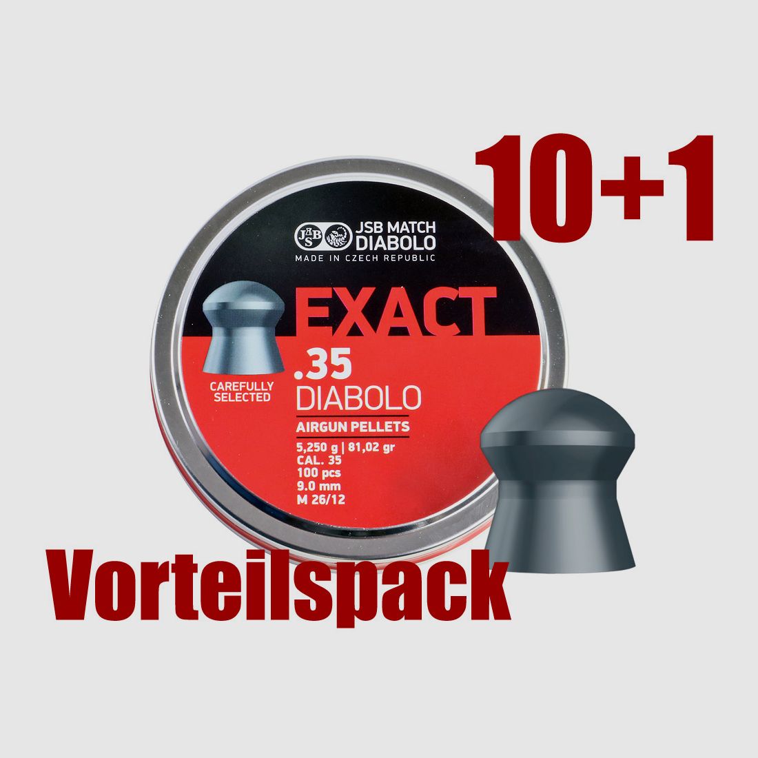 10+1 GRATIS - Diabolo JSB Exact .35, Field Target, Rundkopf, glatt, 5,25 g, Kaliber 9,0 mm, 11x 100 StĂĽck