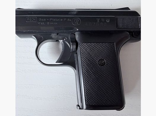 Reck P 6 S pistola a gas e a colpo da 8 mm con becher di lancio in confezione originale pezzo da collezione