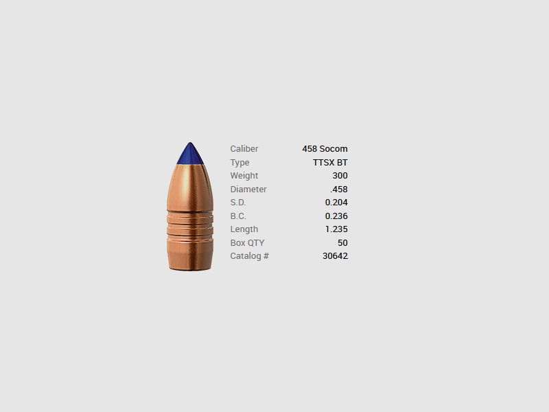 Barnes Geschoss .458 Socom/.458 300GR Tipped TSX Spitzer BT 50 Stück