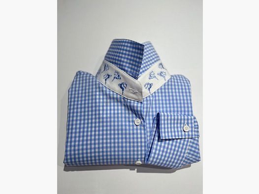 Wallmann Taillierte Karobluse mit Hirschstickerei in Hellblau