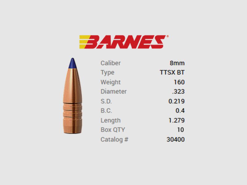 TESTPACK - Barnes Bullet 8mm/.323 160GR Tipped TSX BT 10 pieces