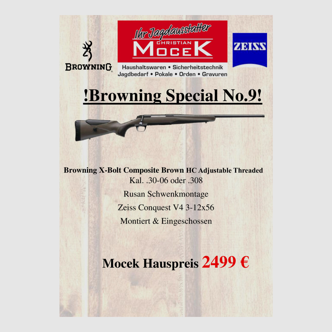 Browning X-Bolt Composite Brown HC Adjustable Threaded, mit Zeiss Conquest V4 3-12x56