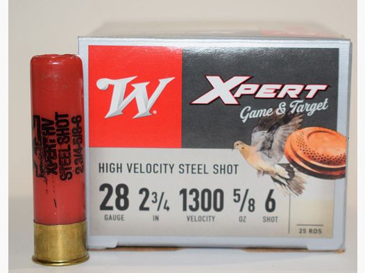 Box mit 25 Patronen Winchester Super-X Steel XPERT Kal. 28/70 Schrot 6