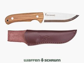 Browning hunting knife Korvar fixed blade length 7.5cm / handle scales made of olive wood / with leather sheath