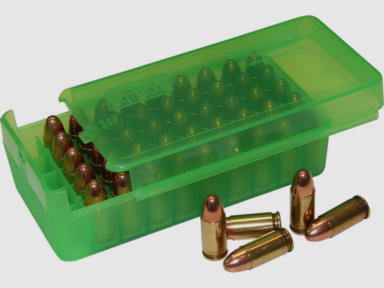 MTM Scatola per cartucce P50SS-45-16 Pistol con coperchio scorrevole verde trasparente per 50 cartucce .45 ACP
