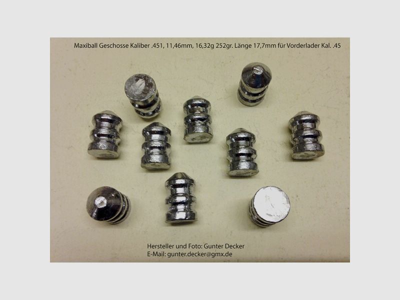 Maxiball Geschosse Kaliber .451 11,46mm 252gr Vorderlader Gewehre .45