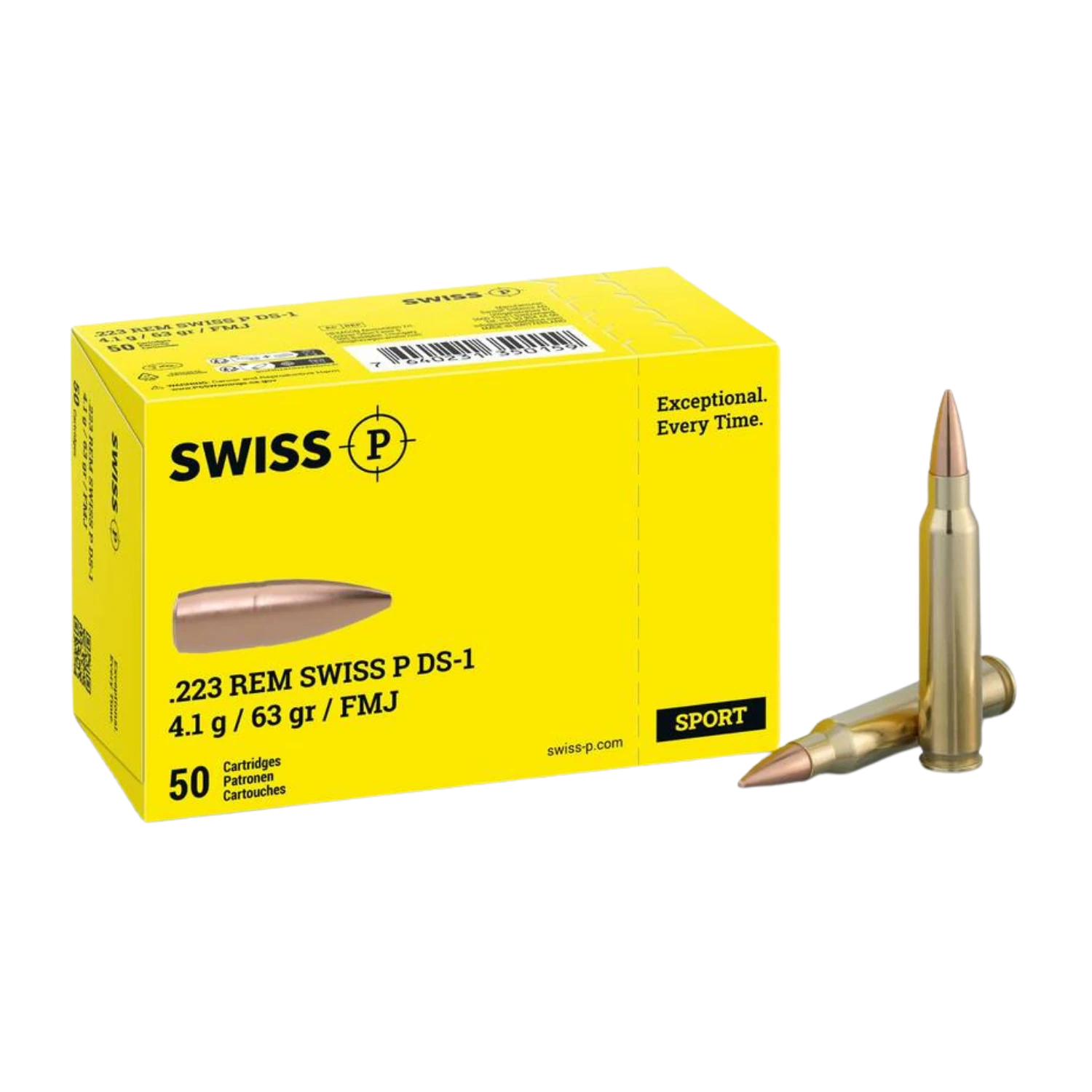 Cartouches de fusil Swiss P .223 Rem. ogive pleine 63gr.