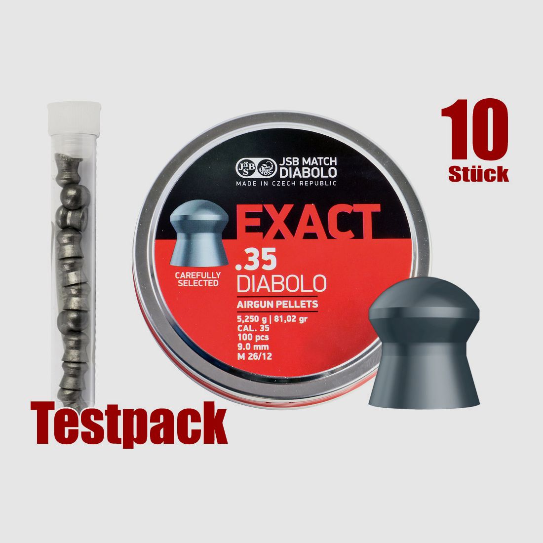 Testpack - Diabolo JSB Exact .35, Field Target, Rundkopf, glatt, 5,25 g, Kaliber 9,0 mm, 10 StĂĽck