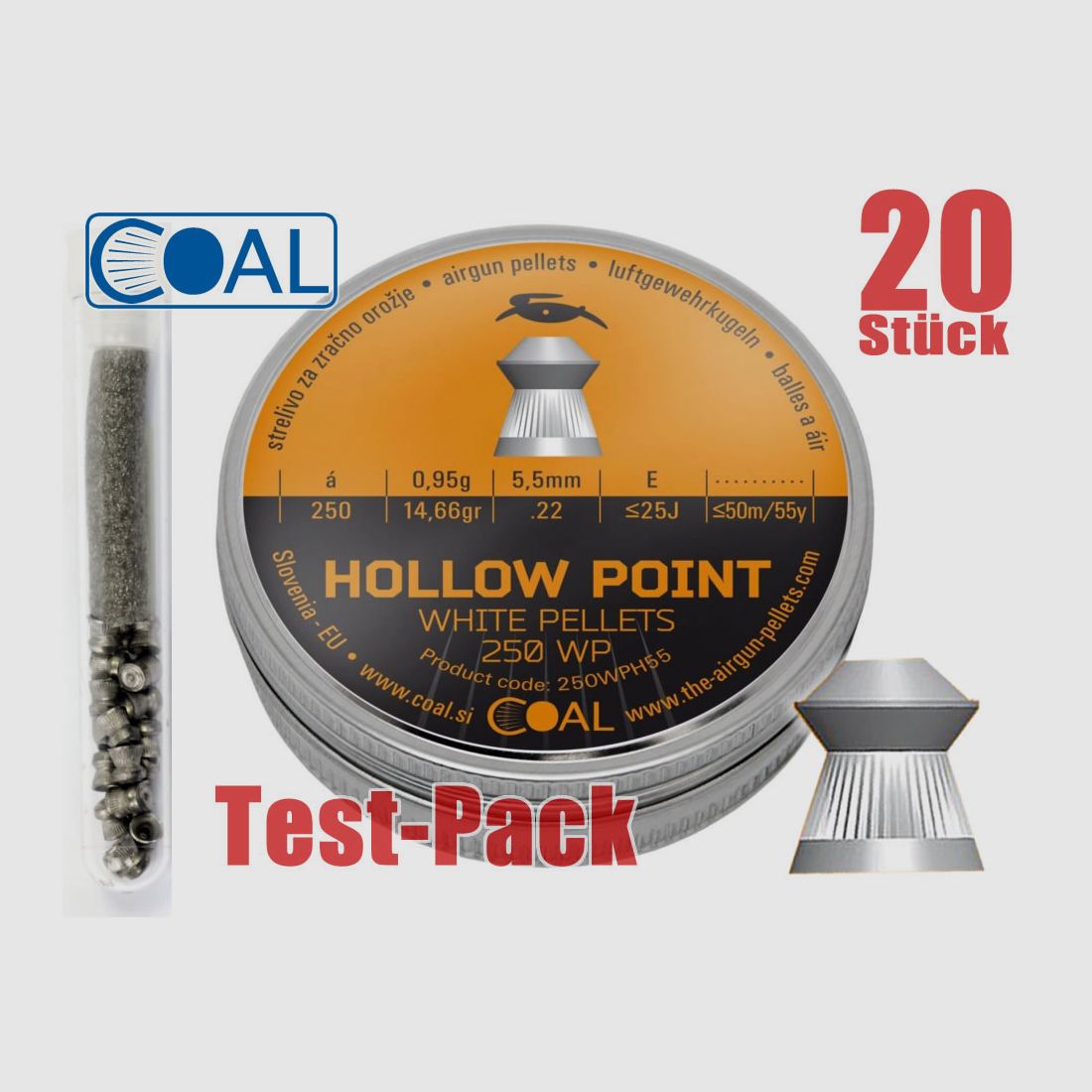Testpack 20 StĂĽck COAL Hohlspitz-Diabolos WHITE PELLETS HOLLOW POINT, Kaliber 5,5 mm, 0,95 g