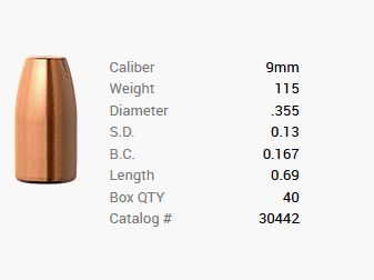 Proyectil Barnes 9mm Luger/.355 115GR M/LE Tac-XP Pistol FB 40 piezas