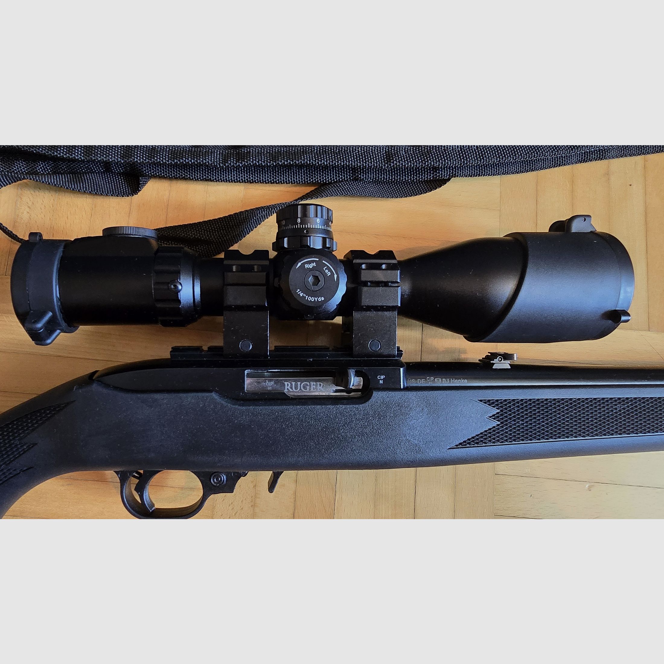 Ruger 10/22 Compact .22lr small caliber long gun. Wooden stock and synthetic stock (interchangeable system) with plenty of accessories