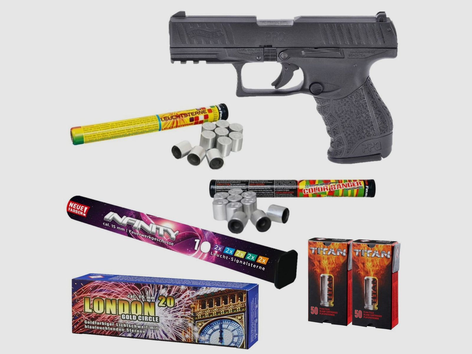 Feuerwerk Silvester Paket Walther PPQ M2 Schreckschuss Pistole 9 mm P.A.K. sc...