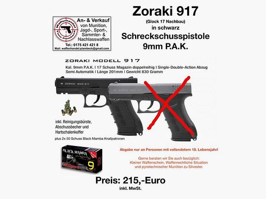 ZORAKI Model 917 schwarz  im Kaliber 9mm P.A.K.  mit 100 Schuss Black Mamba Knallpatronen