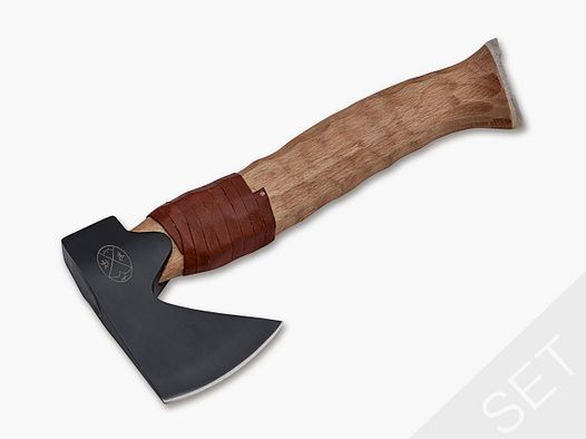 Axt Metsämies Braun Jagd-Beil Set mit Feuerstarter mit Horn-Griff u. Schärfer