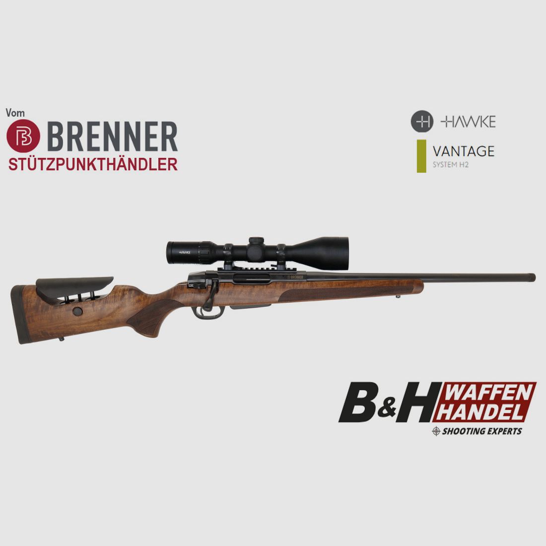 Brenner Komplettpaket: BR20 L.E. (Nussbaum, verstellbarer Schaftrücken) mit Hawke 3-12x56, Bild 1 von 7