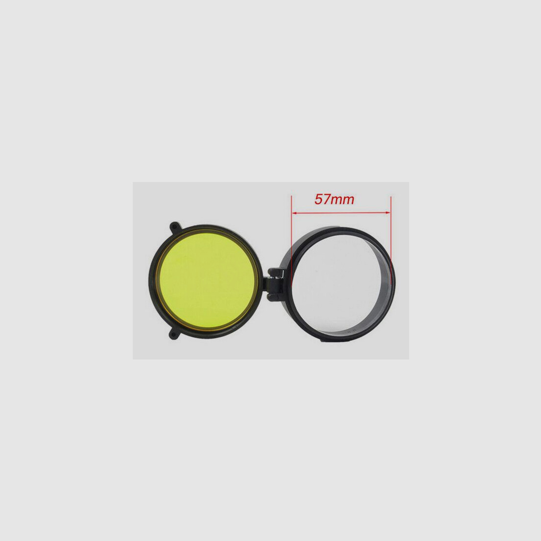 Lens protection cap for riflescope with filter, flip up lens protector, 57mm diameter