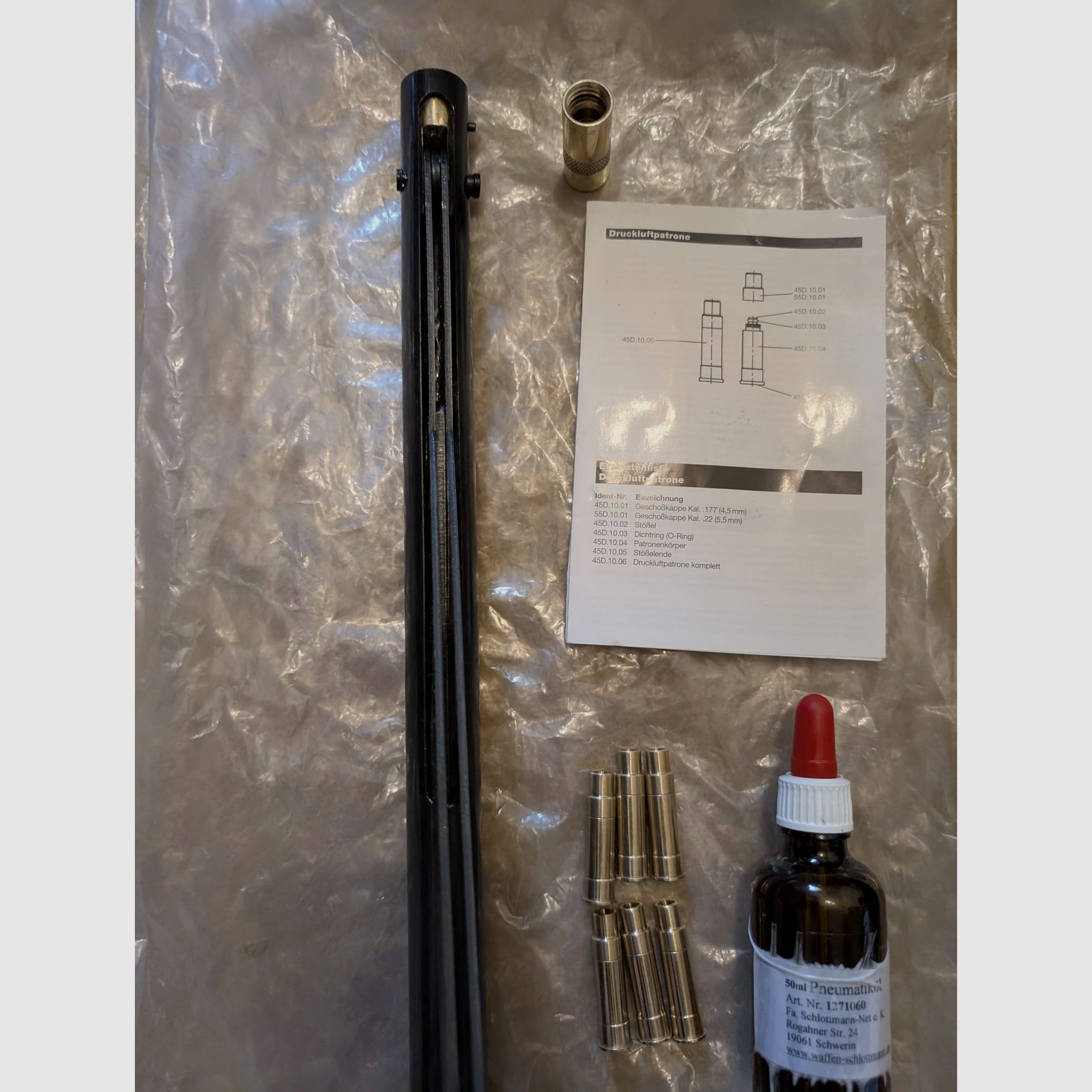 Cartucce a gas per revolver LEP cal. 5,5 mm / .22  6 pezzi + pompa a mano + olio pneumatico SET ad es. per ME Bull Barrel Single Action Army Revolver