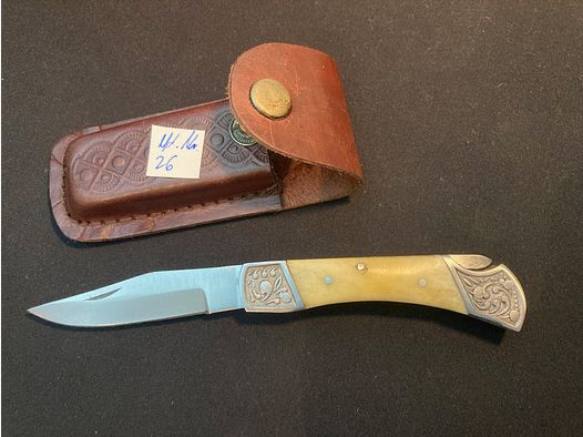 Zakmes, riemmes, leren tas, gegraveerde beslag 26