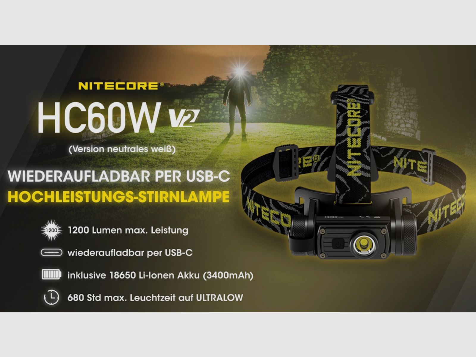 Nitecore HC60W V2 Stirnlampe 1200 Lumen 130 Meter