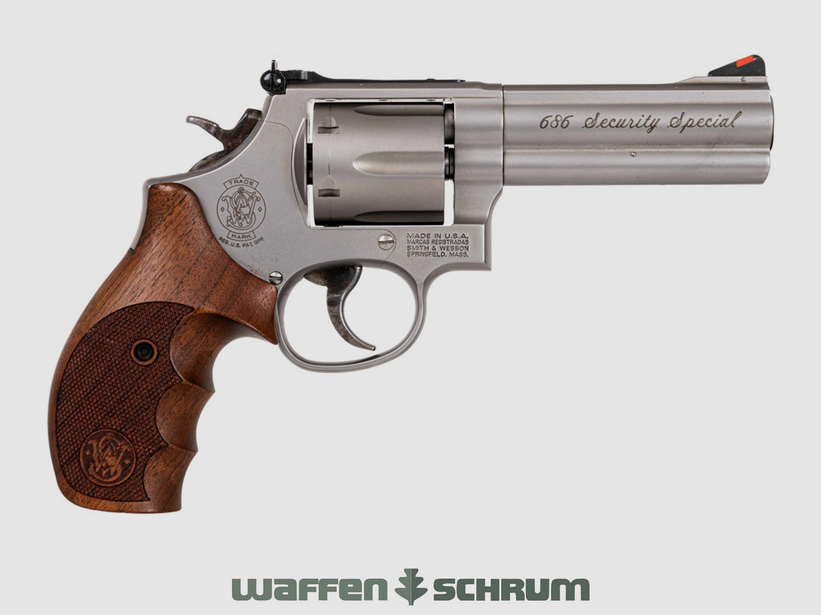 Smith & Wesson 686 Security Special .357Mag, avec holster en cuir et boîte de transport, longueur du canon : 4 pouces, poignées en bois