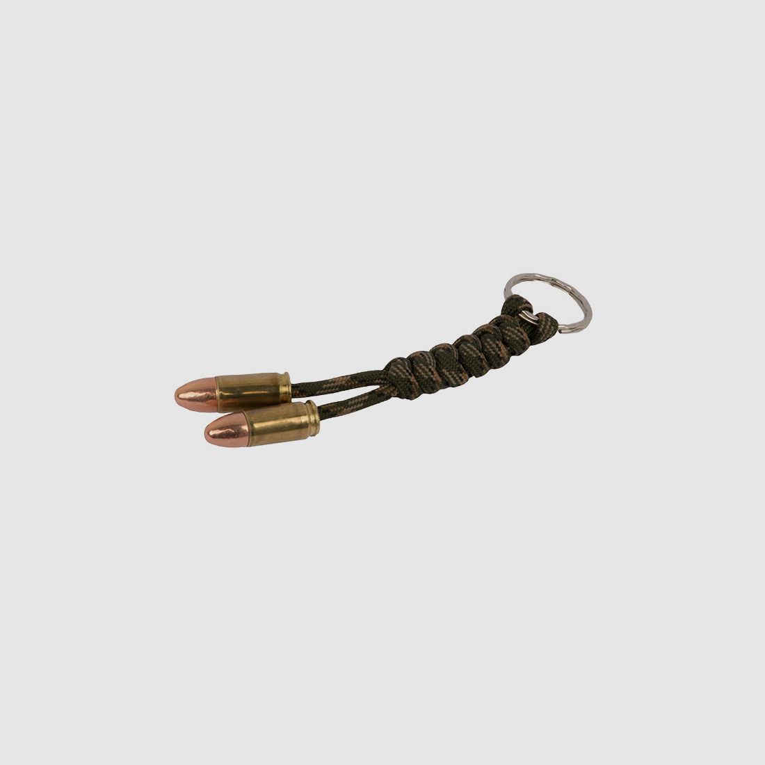 SchlĂĽsselanhĂ¤nger mit SchlĂĽsselring Parachute Cord mit 2 Patronen Kaliber 9 x 19 mm 9 mm Luger gemustert braun grĂĽn handgefertigt