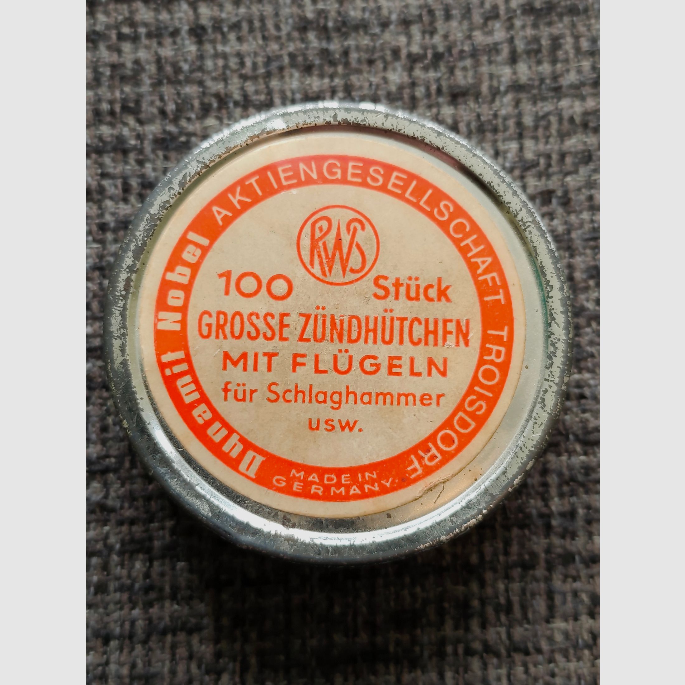 RWS Zündhütchendose – Rheinisch-Westfälische Sprengstoff AG Troisdorf – ca. 1931–1945