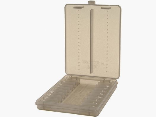 MTM cartridge case W18-38-41 smoke clear with flap lid for 18 cartridges .38 Spec./.357 Mag.