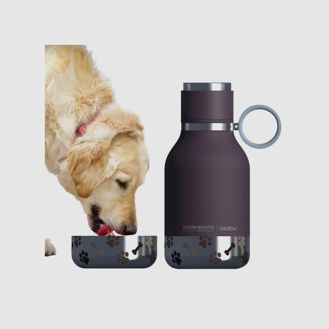 Asobu - Dog Bowl - Edelstahlflasche mit Hundenapf 1 Liter Burgunderrot