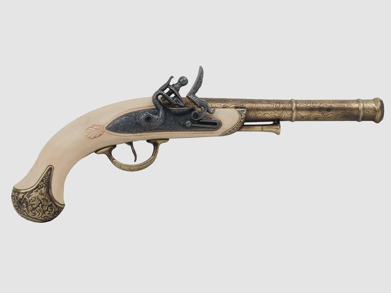 Deko Steinschlosspistole Queen Anne England 17 Jahrhundert 8 Zoll messing  grau Elfenbeinimitat