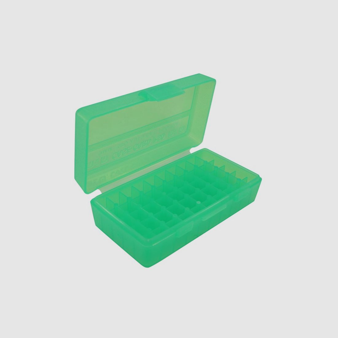 MTM cartridge box P50-9M-16 green clear with flip lid for 50 cartridges 9mm and others.