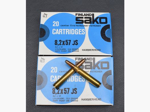 40 Patronen, Sako Kaliber 8,2x57JS (8x57IS), Hammerhead, 13,0g/200gr., zum Sonderpreis!